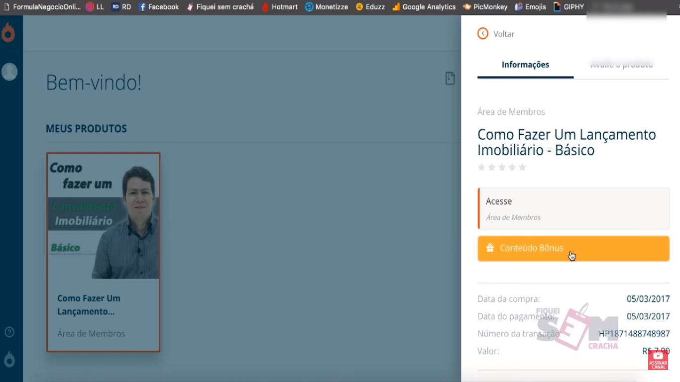 Tela do Hotmart com link para meus super bônus.