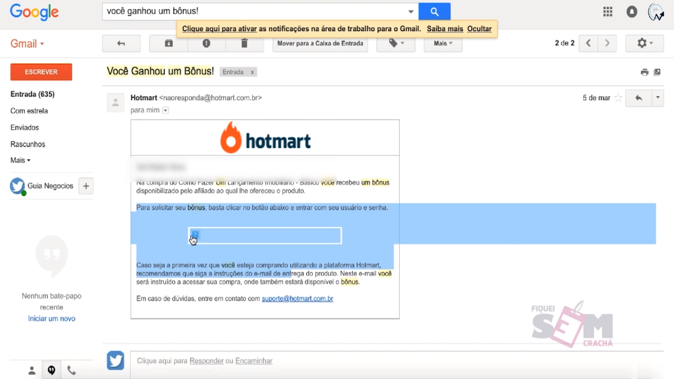E-mail do Hotmart sobre meus super bônus.
