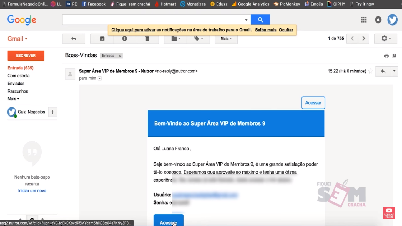 E-mail de boas vindas para acessar meus super bônus.